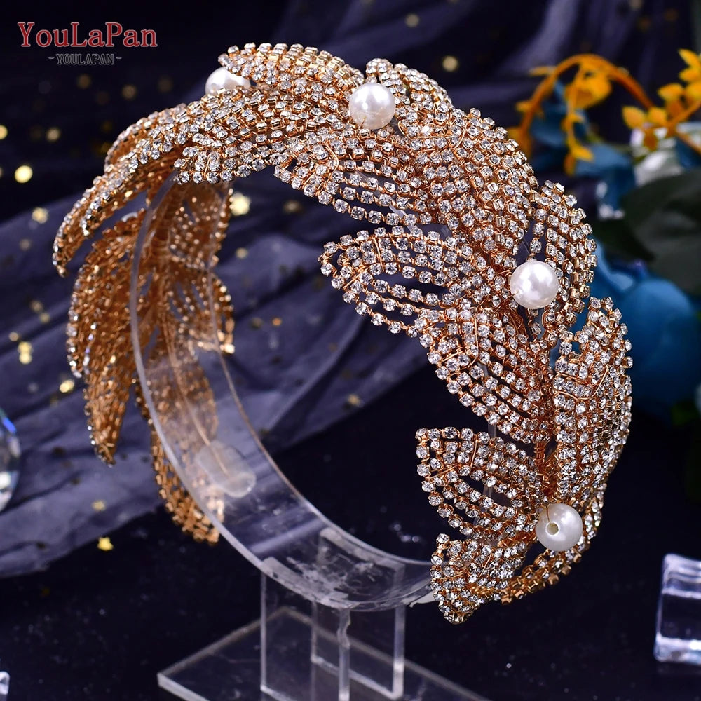 Handmade Pearl Hair Hoop Bride Elegant Alloy Leaf Hairbands Bridal Rhinestone Hair Tiara Wedding Hair Accessories HP322