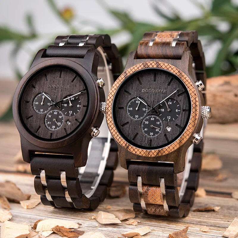 Wood Watches Mens Top Luxury Brand Мужские Часы Stop Watch Quartz Montre Homme Casual Complete Calendar in Gift Box