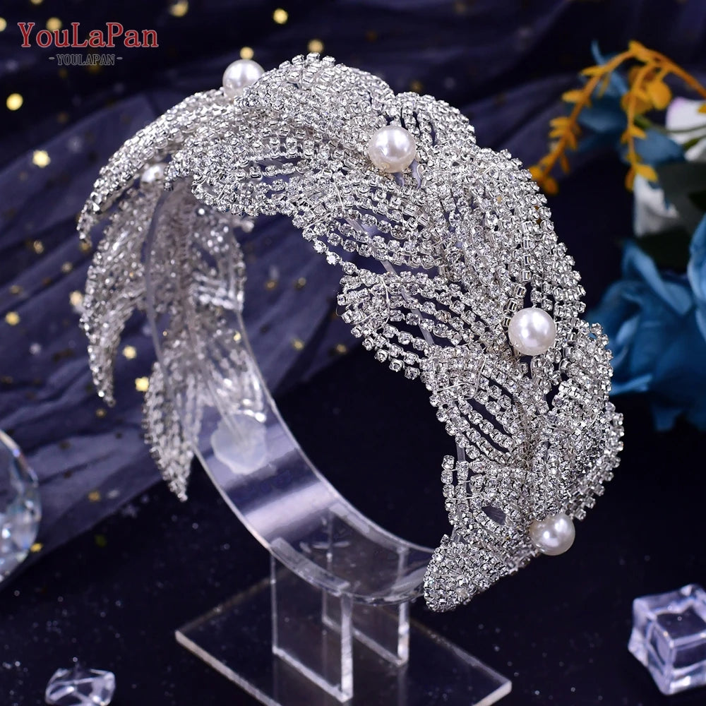 Handmade Pearl Hair Hoop Bride Elegant Alloy Leaf Hairbands Bridal Rhinestone Hair Tiara Wedding Hair Accessories HP322