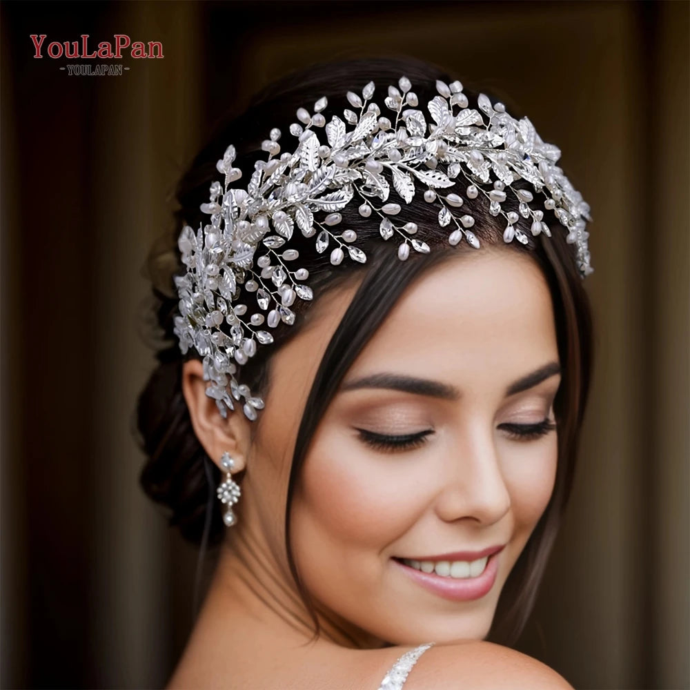 Handmade Pearl Hair Hoop Bride Elegant Alloy Leaf Hairbands Bridal Rhinestone Hair Tiara Wedding Hair Accessories HP322