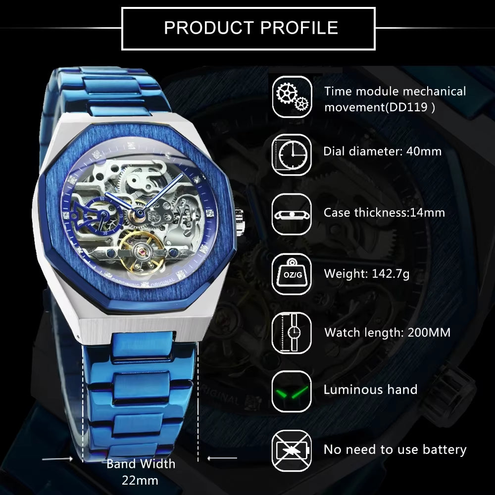 Silver Automatic Watch Men 3D Diamond Dial Irregular Tourbillon Skeleton Mechanical Wristwatches Luminous Hands Clock