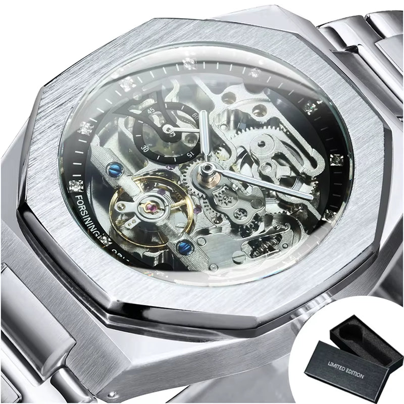Silver Automatic Watch Men 3D Diamond Dial Irregular Tourbillon Skeleton Mechanical Wristwatches Luminous Hands Clock