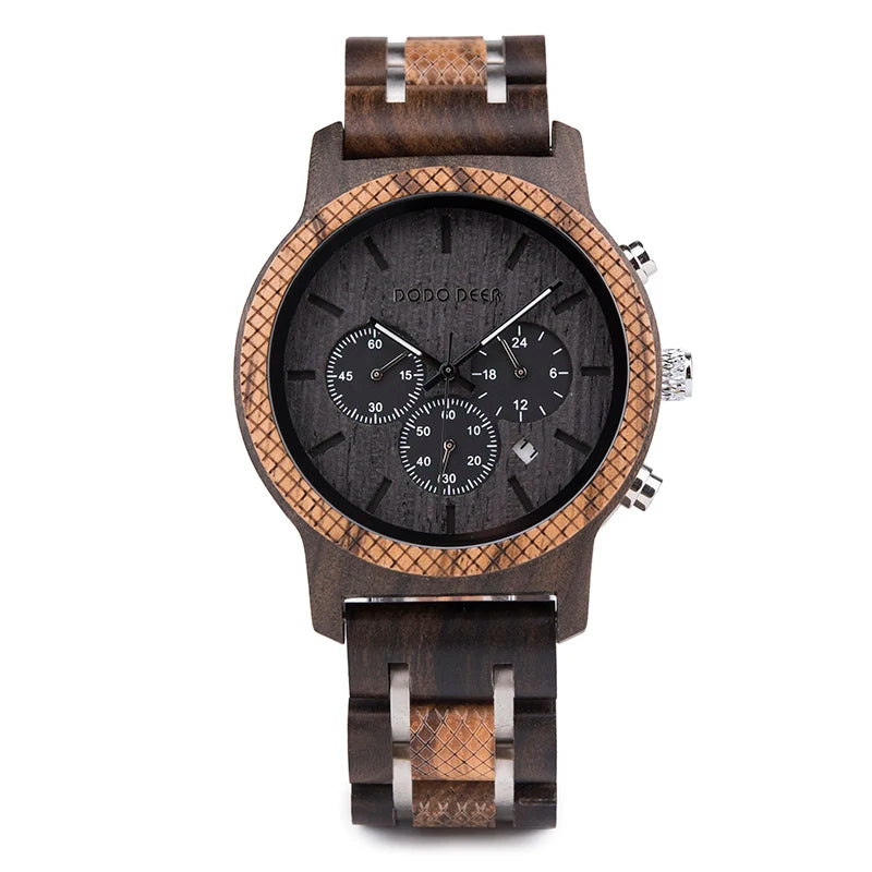 Wood Watches Mens Top Luxury Brand Мужские Часы Stop Watch Quartz Montre Homme Casual Complete Calendar in Gift Box