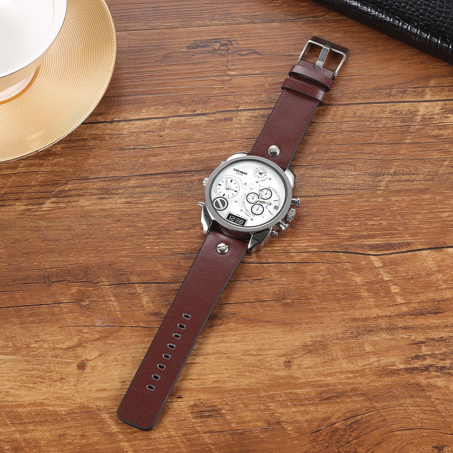 Creative Double Time Zone PU Leather Belt Men'S Watches Watch