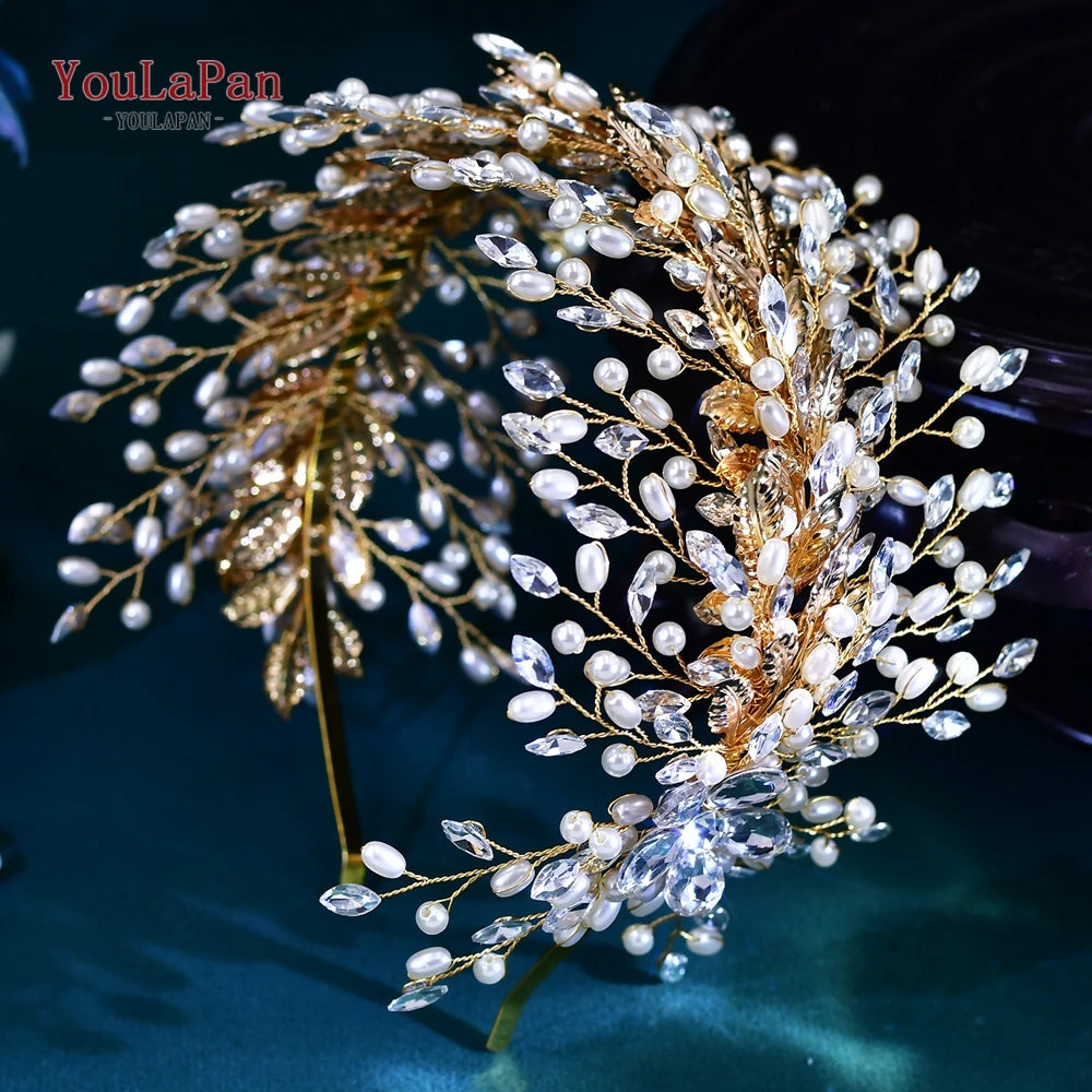 Handmade Pearl Hair Hoop Bride Elegant Alloy Leaf Hairbands Bridal Rhinestone Hair Tiara Wedding Hair Accessories HP322