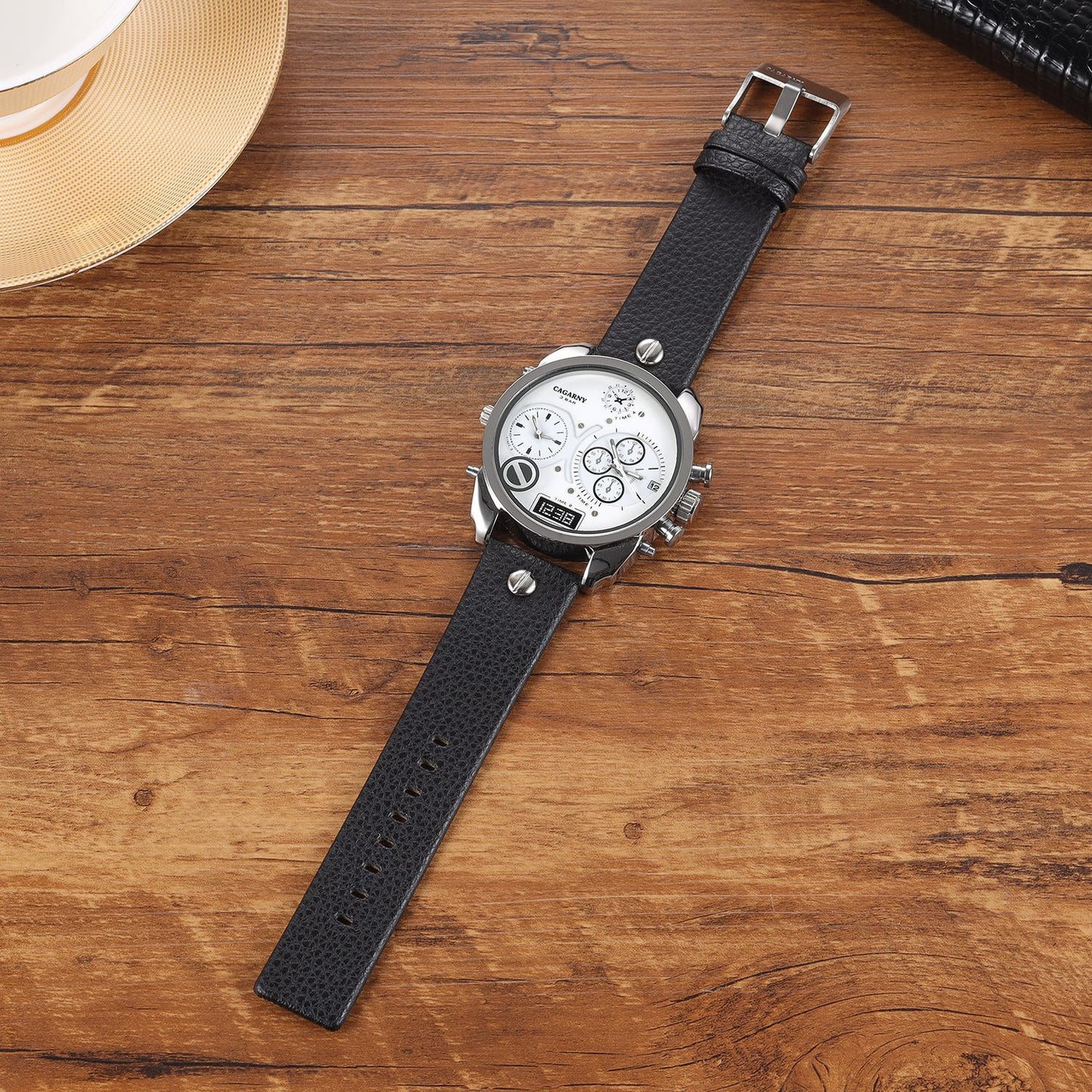 Creative Double Time Zone PU Leather Belt Men'S Watches Watch