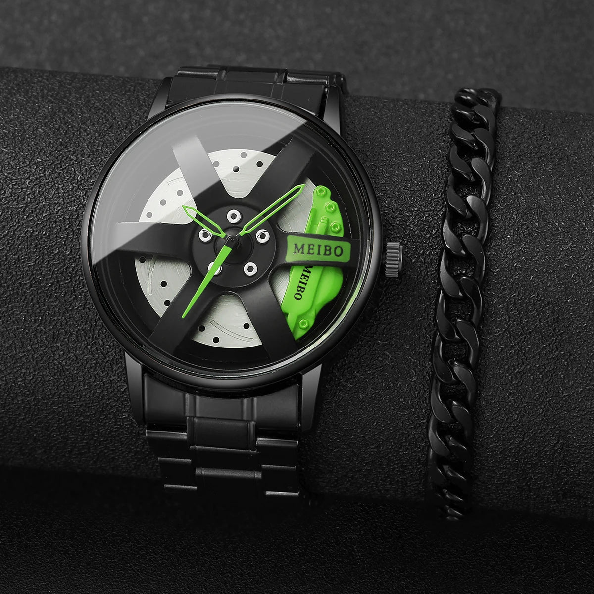 2PCS Fashion Men Sports Watches 3D Car Wheel Stainless Steel Band Wrist Watch Men'S Quartz Watch Bracelet Set(Without Box)
