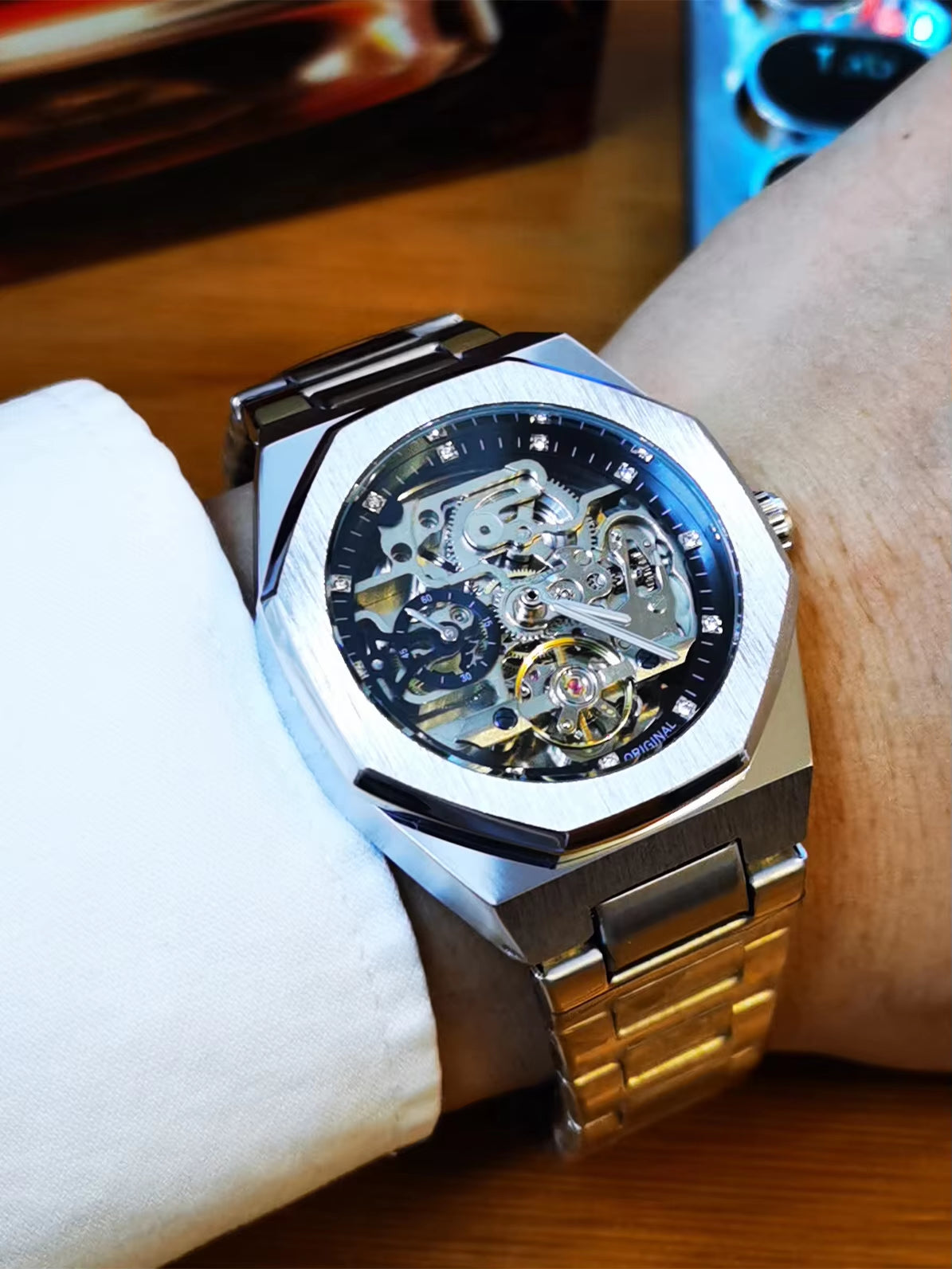 Silver Automatic Watch Men 3D Diamond Dial Irregular Tourbillon Skeleton Mechanical Wristwatches Luminous Hands Clock