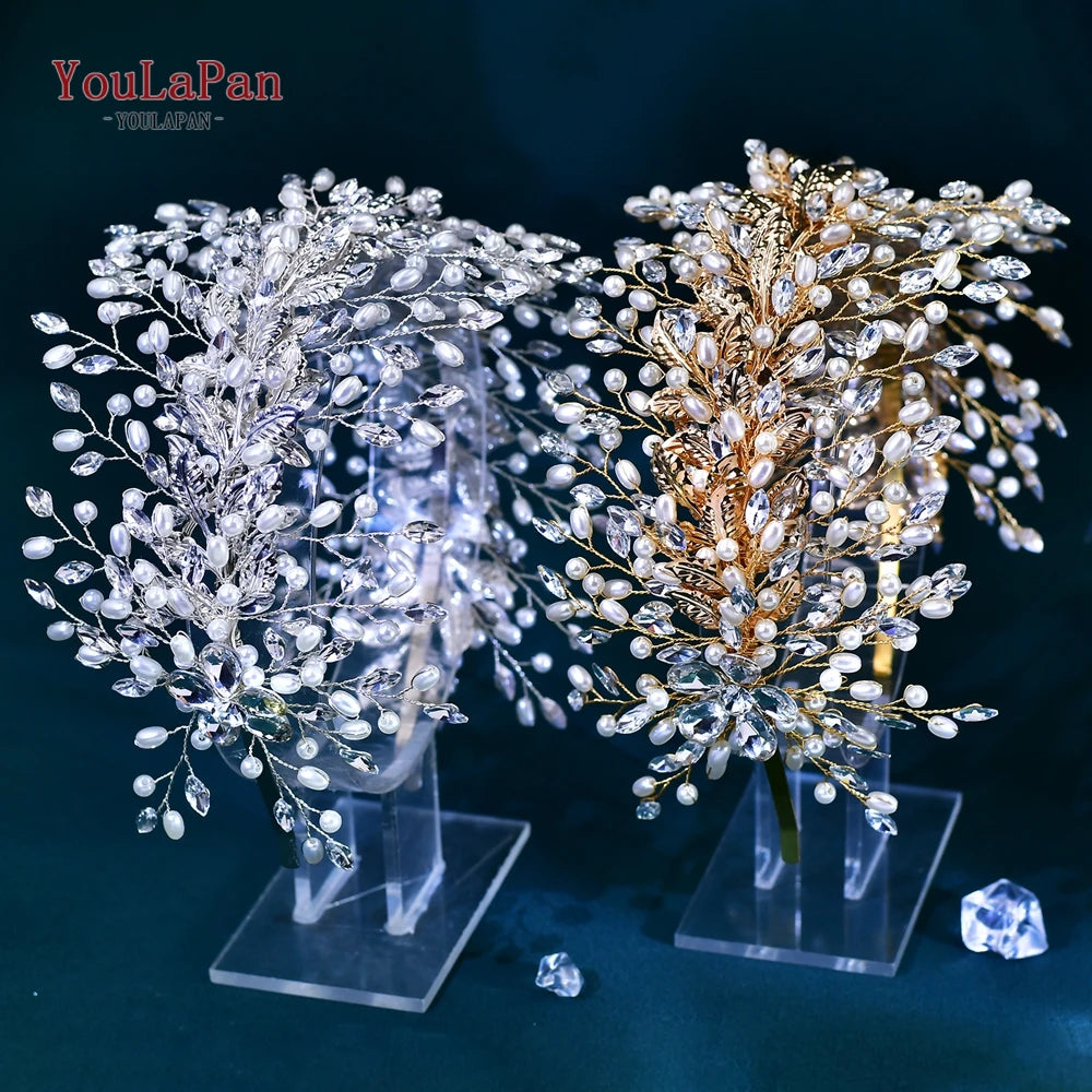 Handmade Pearl Hair Hoop Bride Elegant Alloy Leaf Hairbands Bridal Rhinestone Hair Tiara Wedding Hair Accessories HP322