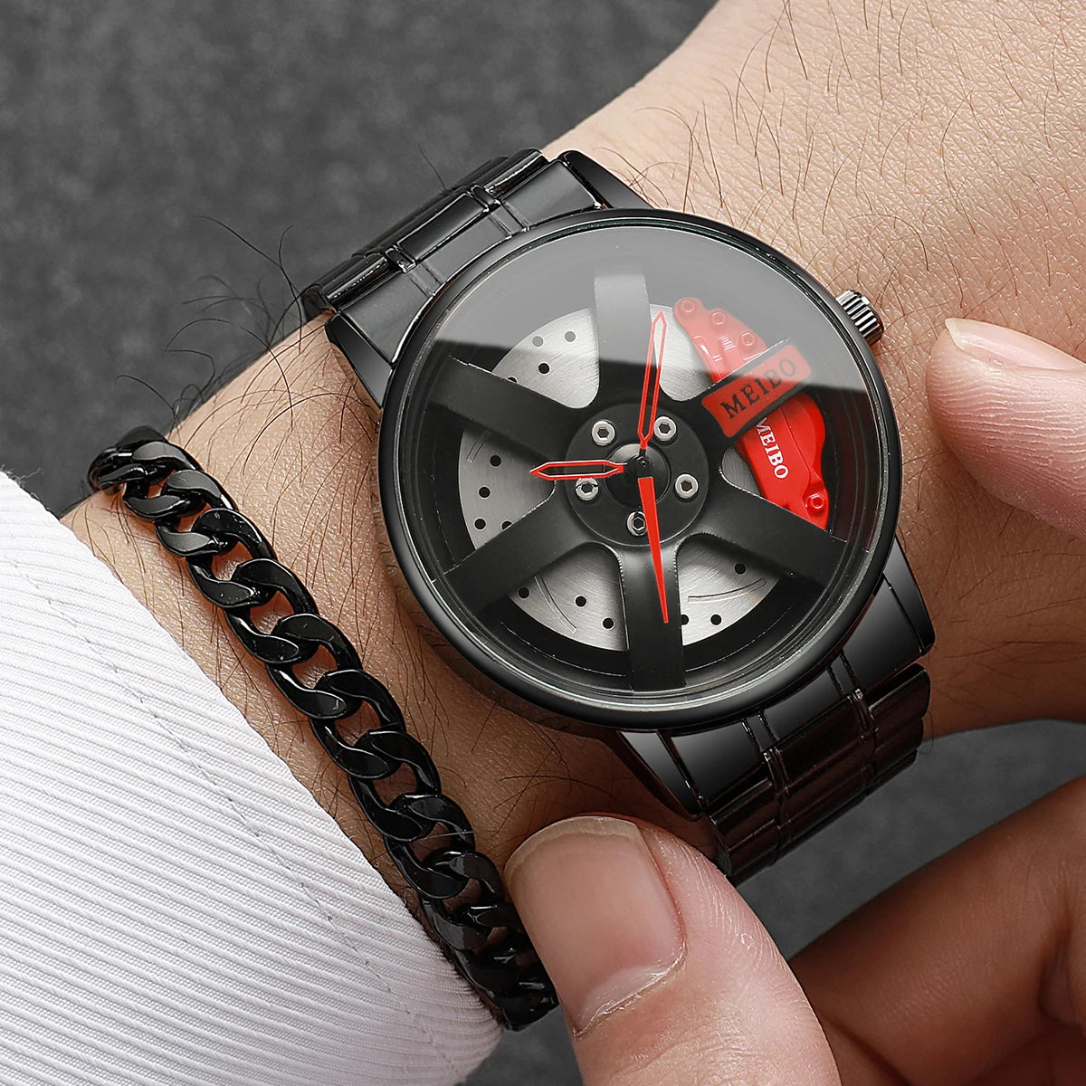 2PCS Fashion Men Sports Watches 3D Car Wheel Stainless Steel Band Wrist Watch Men'S Quartz Watch Bracelet Set(Without Box)