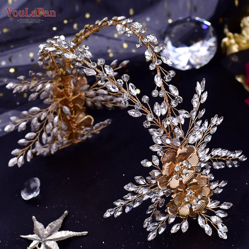Handmade Pearl Hair Hoop Bride Elegant Alloy Leaf Hairbands Bridal Rhinestone Hair Tiara Wedding Hair Accessories HP322