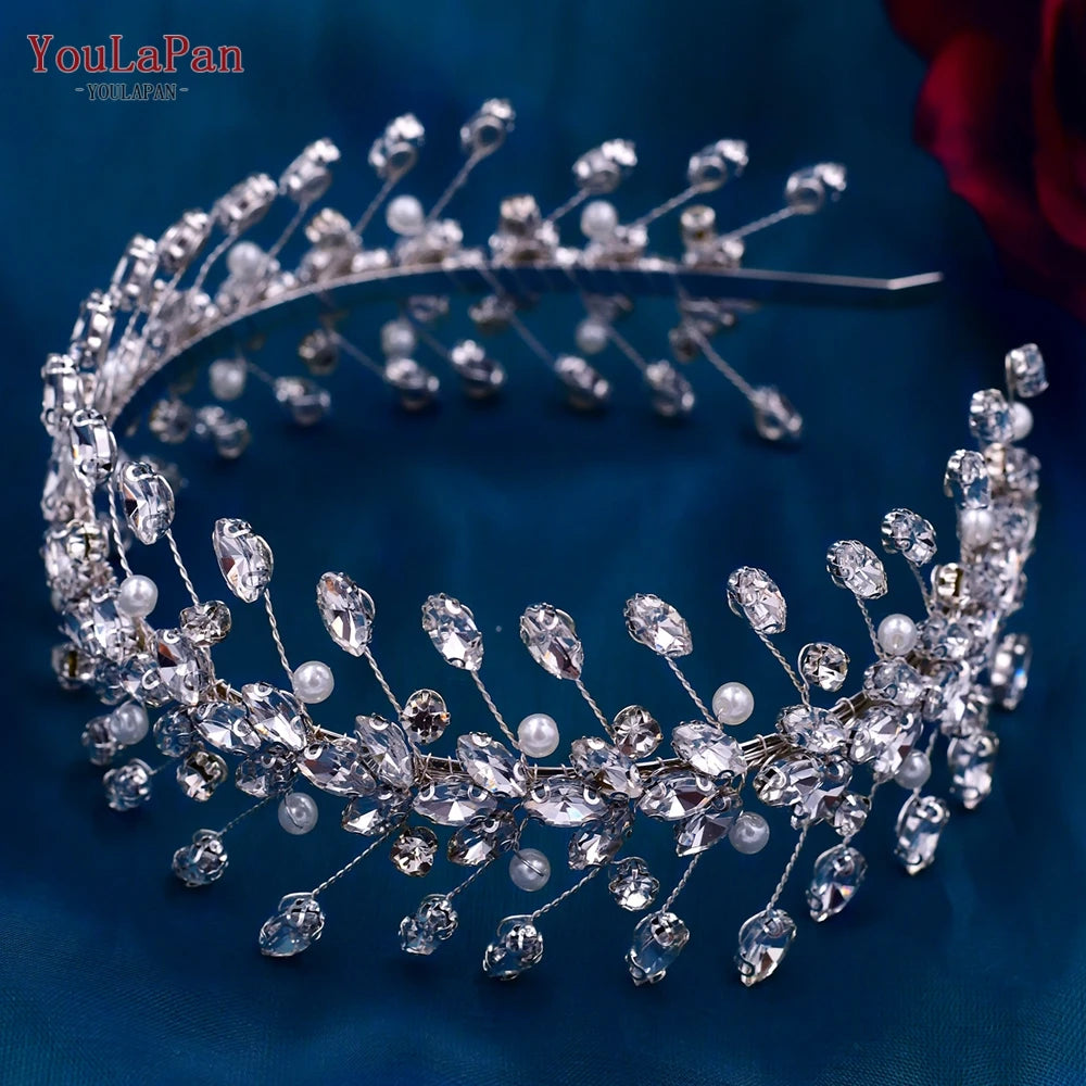 Handmade Pearl Hair Hoop Bride Elegant Alloy Leaf Hairbands Bridal Rhinestone Hair Tiara Wedding Hair Accessories HP322