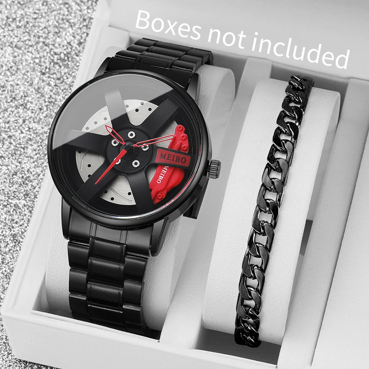 2PCS Fashion Men Sports Watches 3D Car Wheel Stainless Steel Band Wrist Watch Men'S Quartz Watch Bracelet Set(Without Box)