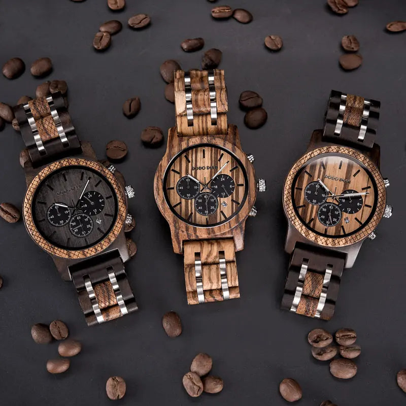 Wood Watches Mens Top Luxury Brand Мужские Часы Stop Watch Quartz Montre Homme Casual Complete Calendar in Gift Box