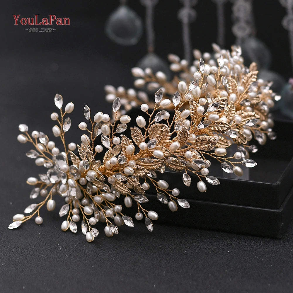 Handmade Pearl Hair Hoop Bride Elegant Alloy Leaf Hairbands Bridal Rhinestone Hair Tiara Wedding Hair Accessories HP322