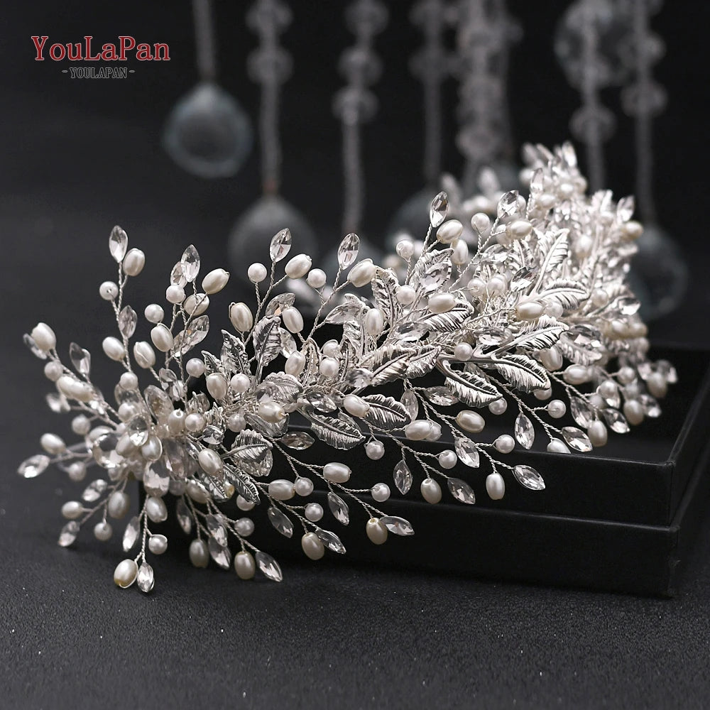 Handmade Pearl Hair Hoop Bride Elegant Alloy Leaf Hairbands Bridal Rhinestone Hair Tiara Wedding Hair Accessories HP322