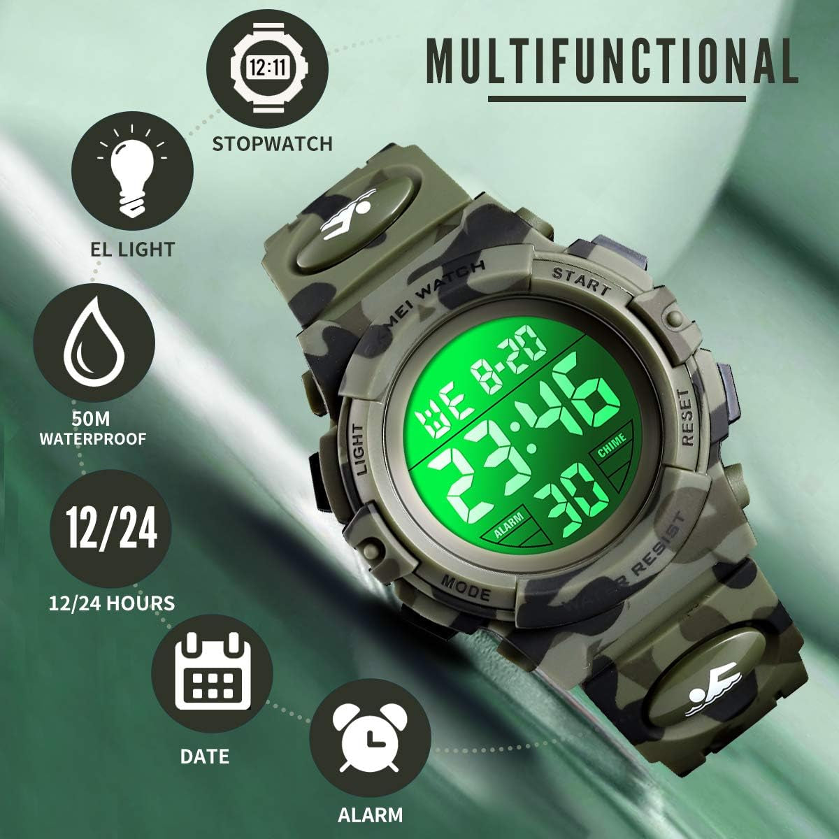 Kids Watch,Boys Watch for 3-12 Year Old Boys,Digital Sport Outdoor Multifunctional Chronograph LED 50 M Waterproof Alarm Calendar Analog Watch for Children with Silicone Band