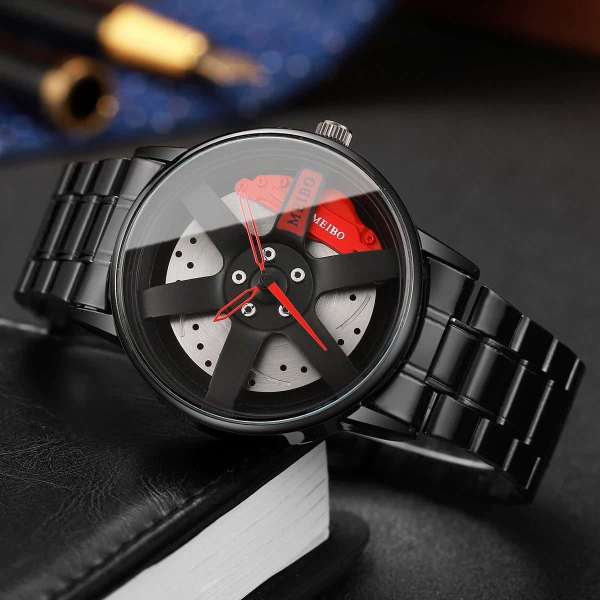 2PCS Fashion Men Sports Watches 3D Car Wheel Stainless Steel Band Wrist Watch Men'S Quartz Watch Bracelet Set(Without Box)