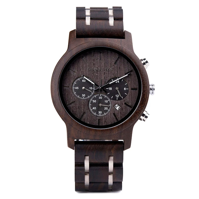 Wood Watches Mens Top Luxury Brand Мужские Часы Stop Watch Quartz Montre Homme Casual Complete Calendar in Gift Box