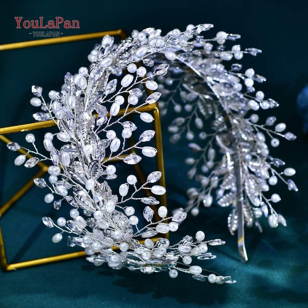 Handmade Pearl Hair Hoop Bride Elegant Alloy Leaf Hairbands Bridal Rhinestone Hair Tiara Wedding Hair Accessories HP322