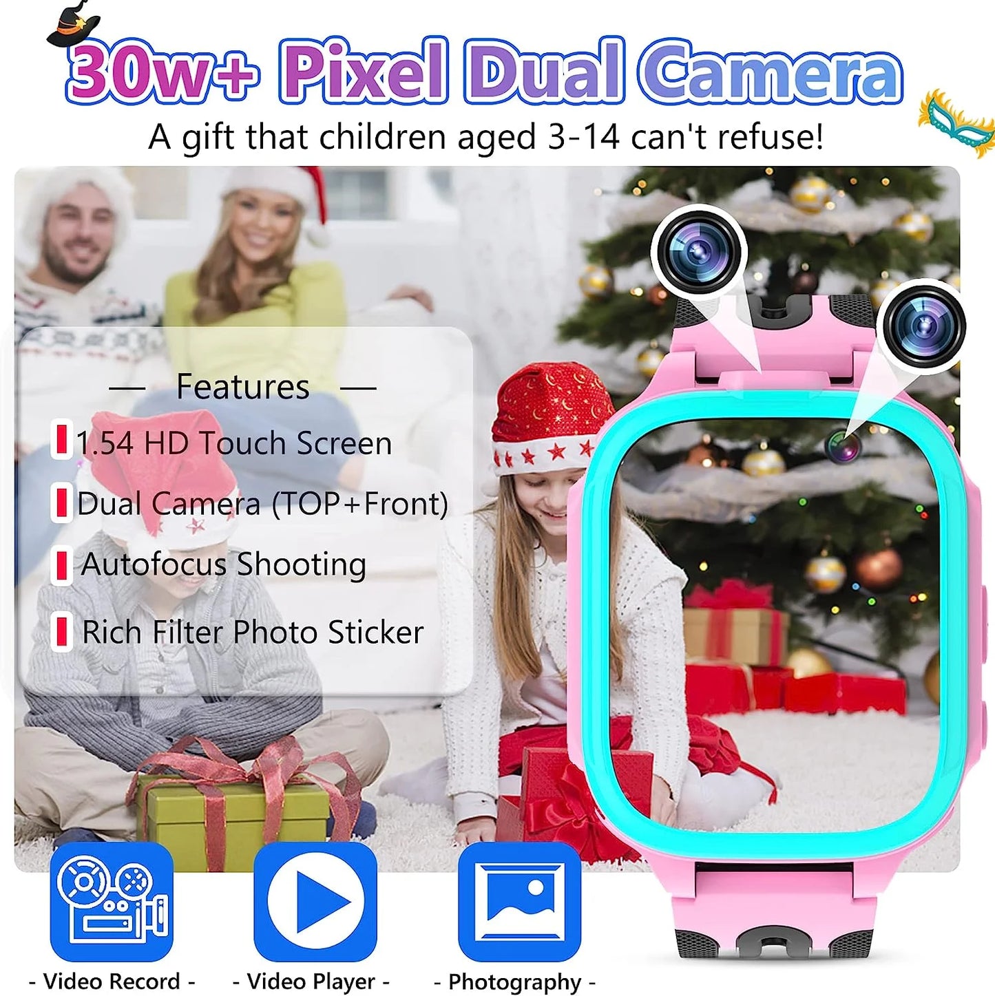 Kids Smart Watch for Boys Girls Watches Toys for 3-12 Year Old, Kids Watches with 14 Games Dual Camera Pedometer Music Alarm Flashlight, Birthday Gift for Kids Boys Girls(Pink)