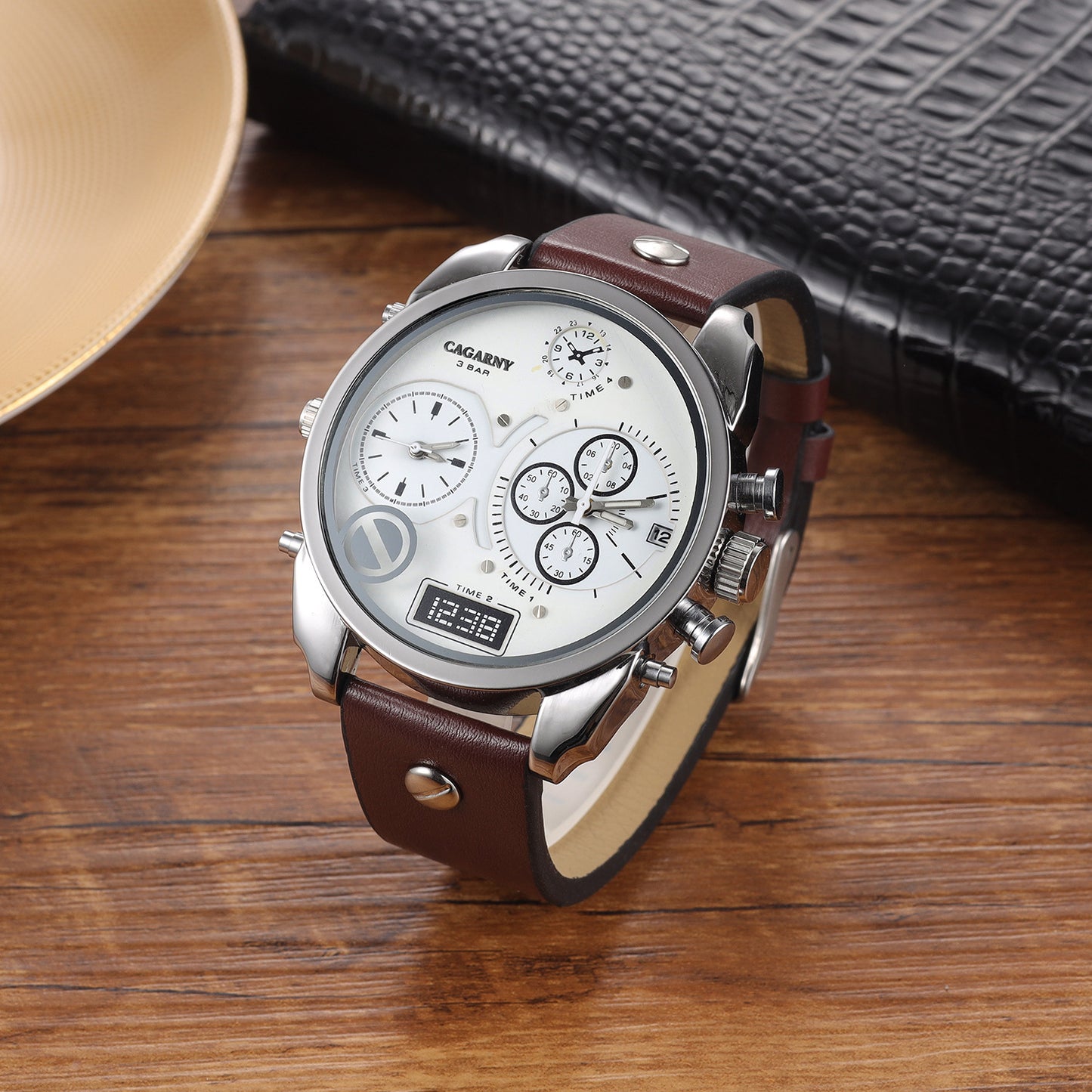 Creative Double Time Zone PU Leather Belt Men'S Watches Watch