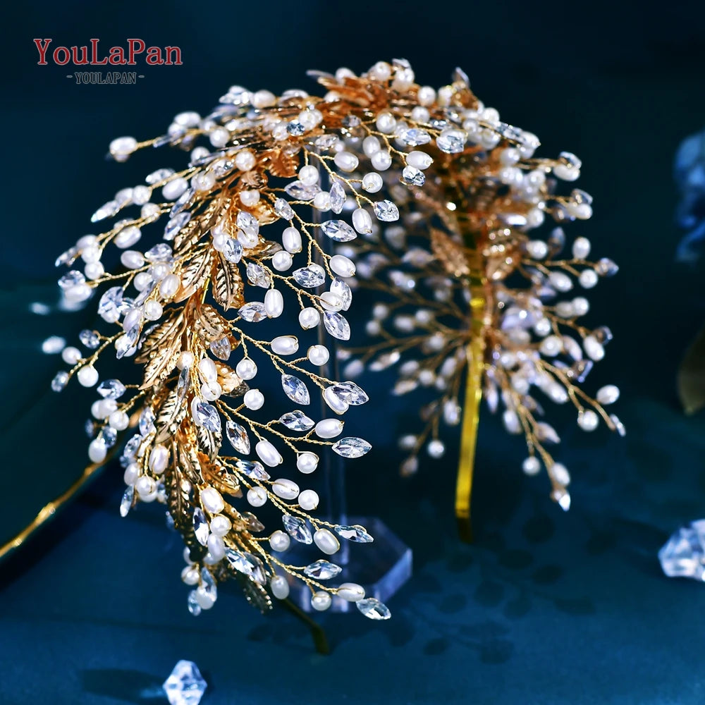 Handmade Pearl Hair Hoop Bride Elegant Alloy Leaf Hairbands Bridal Rhinestone Hair Tiara Wedding Hair Accessories HP322