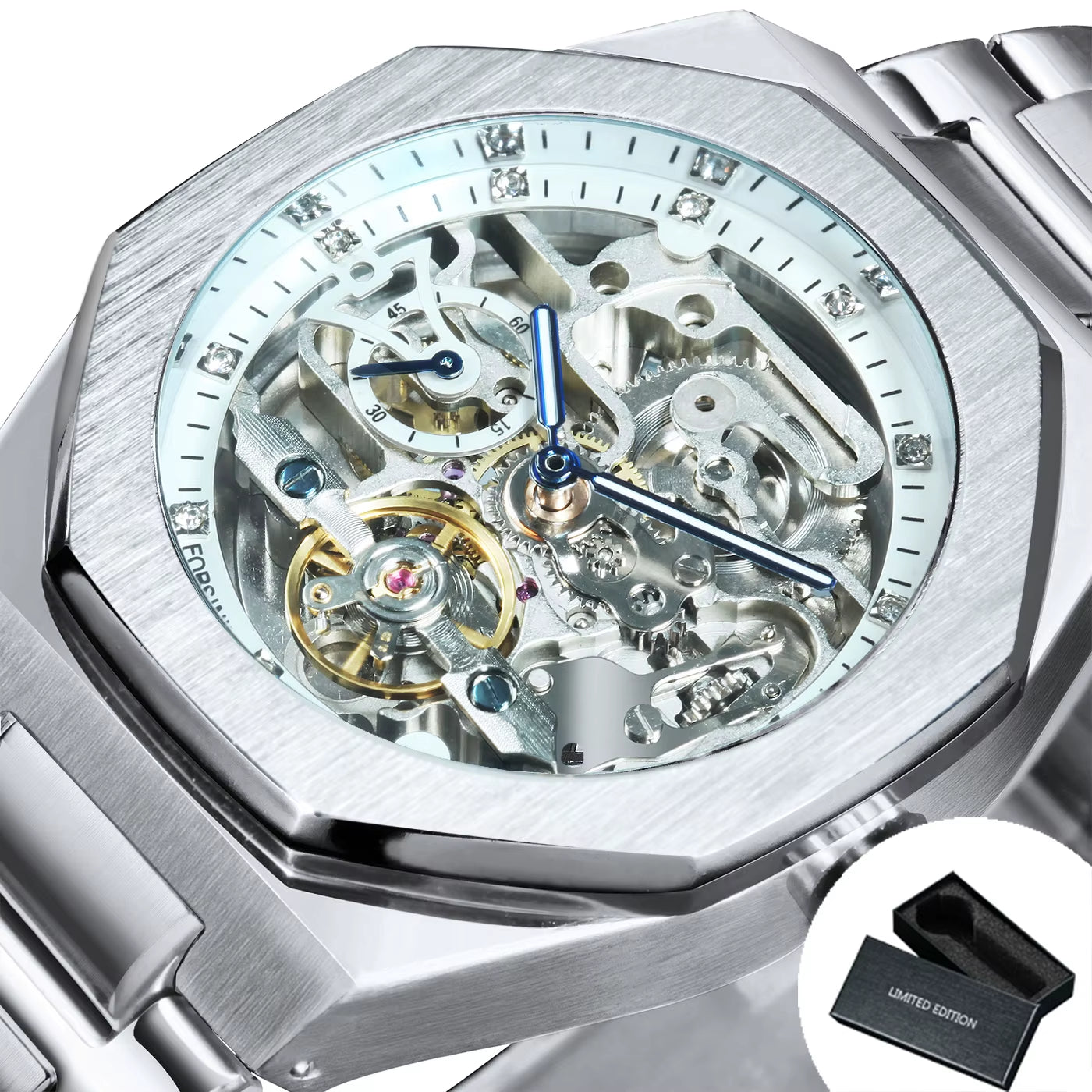 Silver Automatic Watch Men 3D Diamond Dial Irregular Tourbillon Skeleton Mechanical Wristwatches Luminous Hands Clock