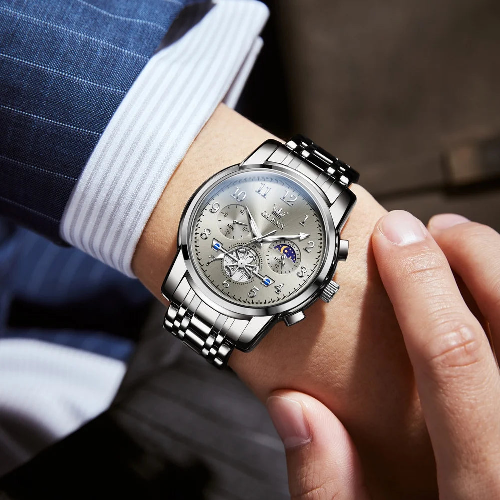 Watches for Men Chronograph Multifunction Business Dress Luxury Casual Analog Moon Phase Flywheel Quartz Stainless Steel Waterproof Luminous Men Wrist Watches Reloj Para Hombre Gray Dial