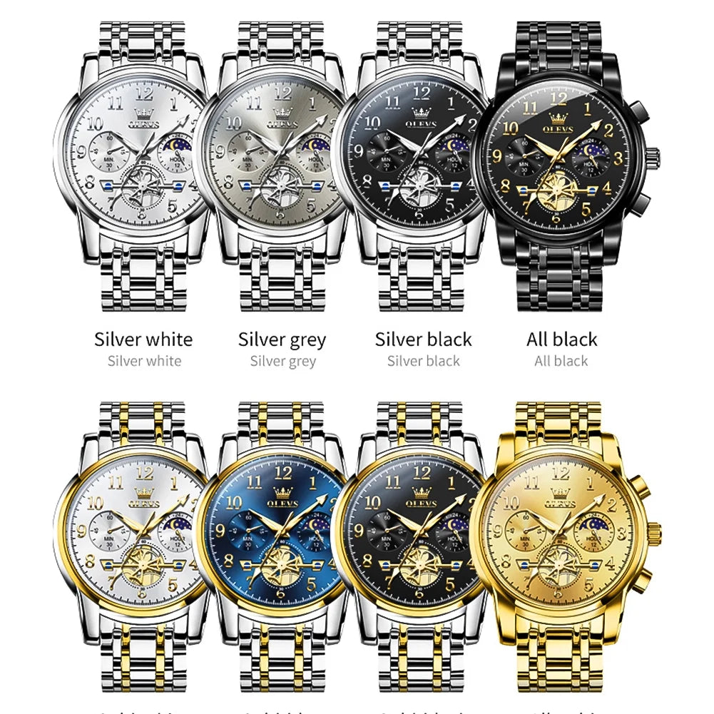Watches for Men Chronograph Multifunction Business Dress Luxury Casual Analog Moon Phase Flywheel Quartz Stainless Steel Waterproof Luminous Men Wrist Watches Reloj Para Hombre Gray Dial