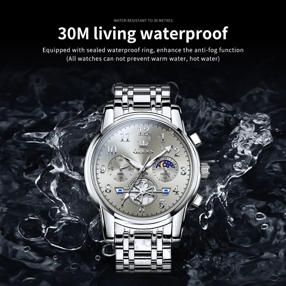 Watches for Men Chronograph Multifunction Business Dress Luxury Casual Analog Moon Phase Flywheel Quartz Stainless Steel Waterproof Luminous Men Wrist Watches Reloj Para Hombre Gray Dial