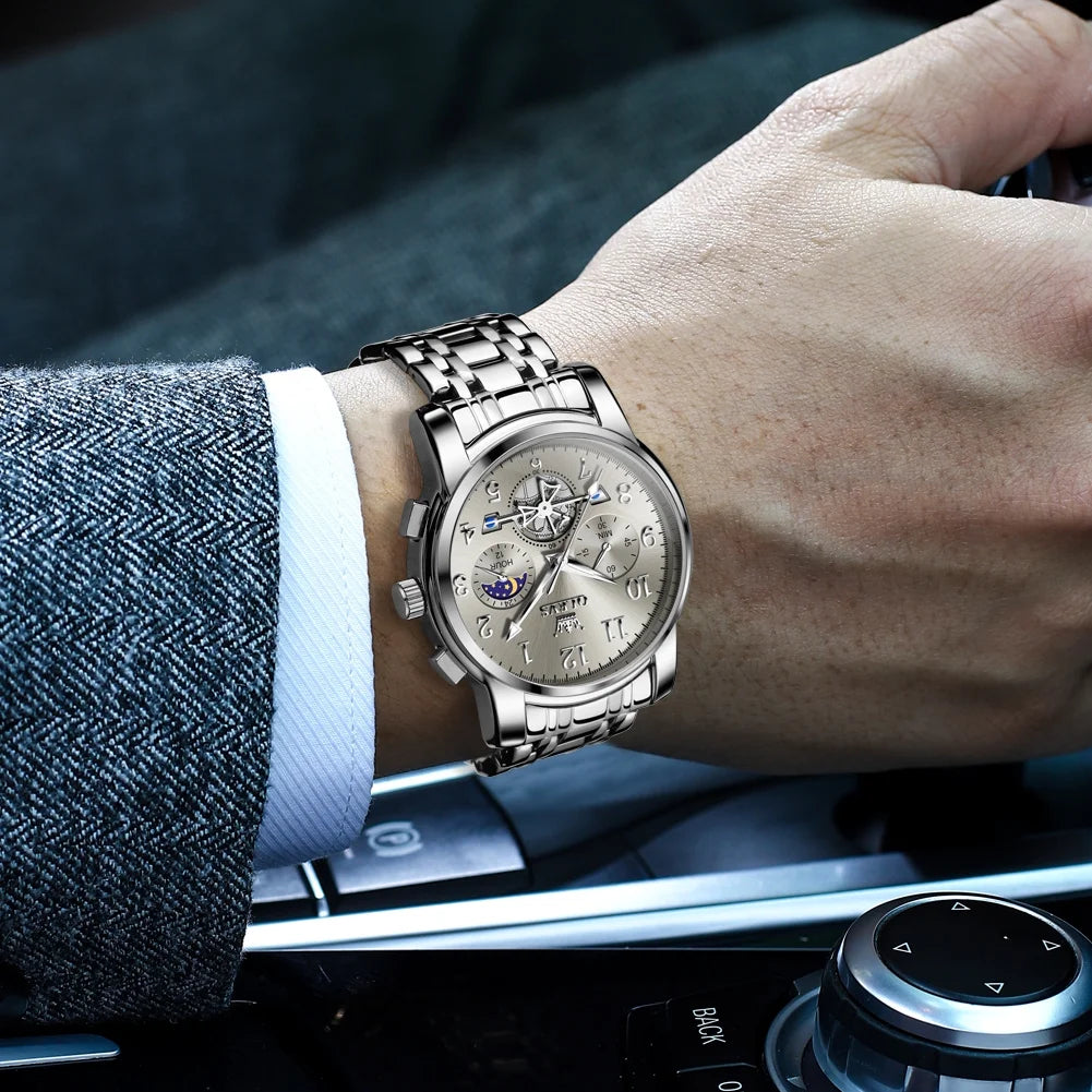 Watches for Men Chronograph Multifunction Business Dress Luxury Casual Analog Moon Phase Flywheel Quartz Stainless Steel Waterproof Luminous Men Wrist Watches Reloj Para Hombre Gray Dial