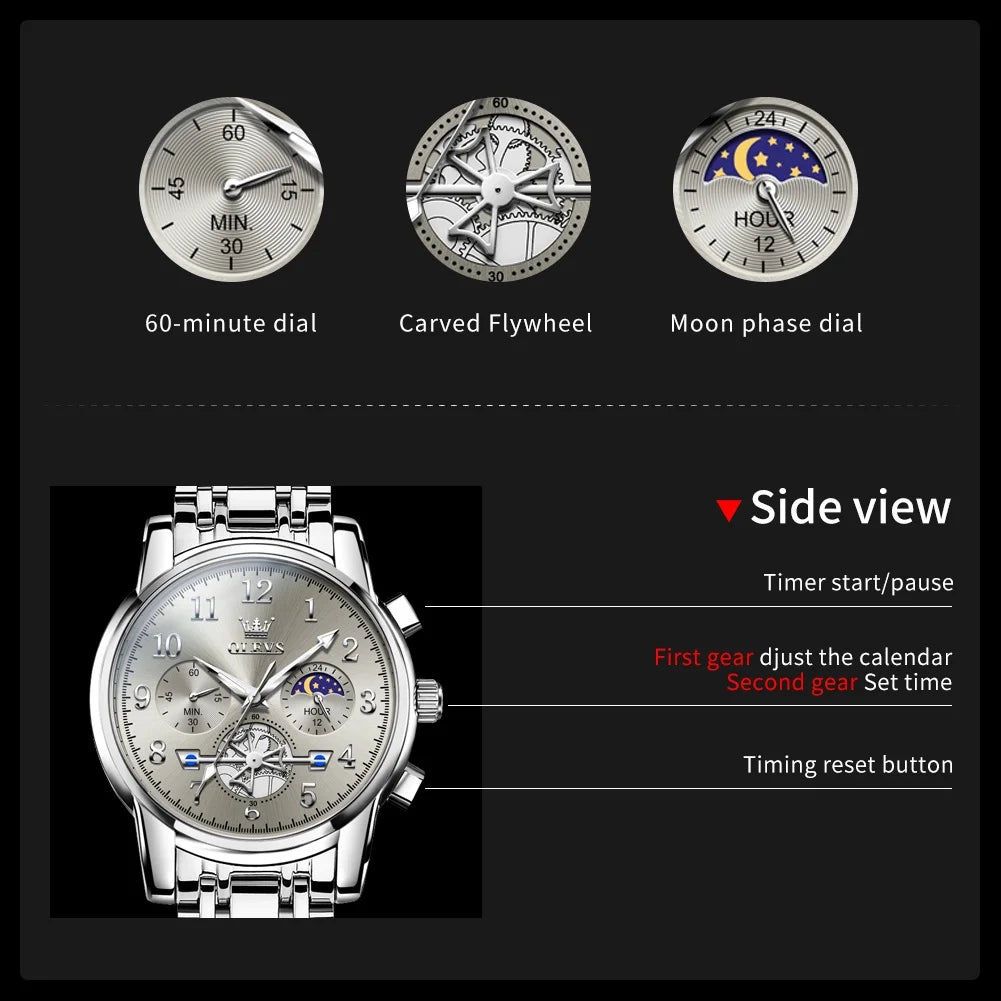 Watches for Men Chronograph Multifunction Business Dress Luxury Casual Analog Moon Phase Flywheel Quartz Stainless Steel Waterproof Luminous Men Wrist Watches Reloj Para Hombre Gray Dial