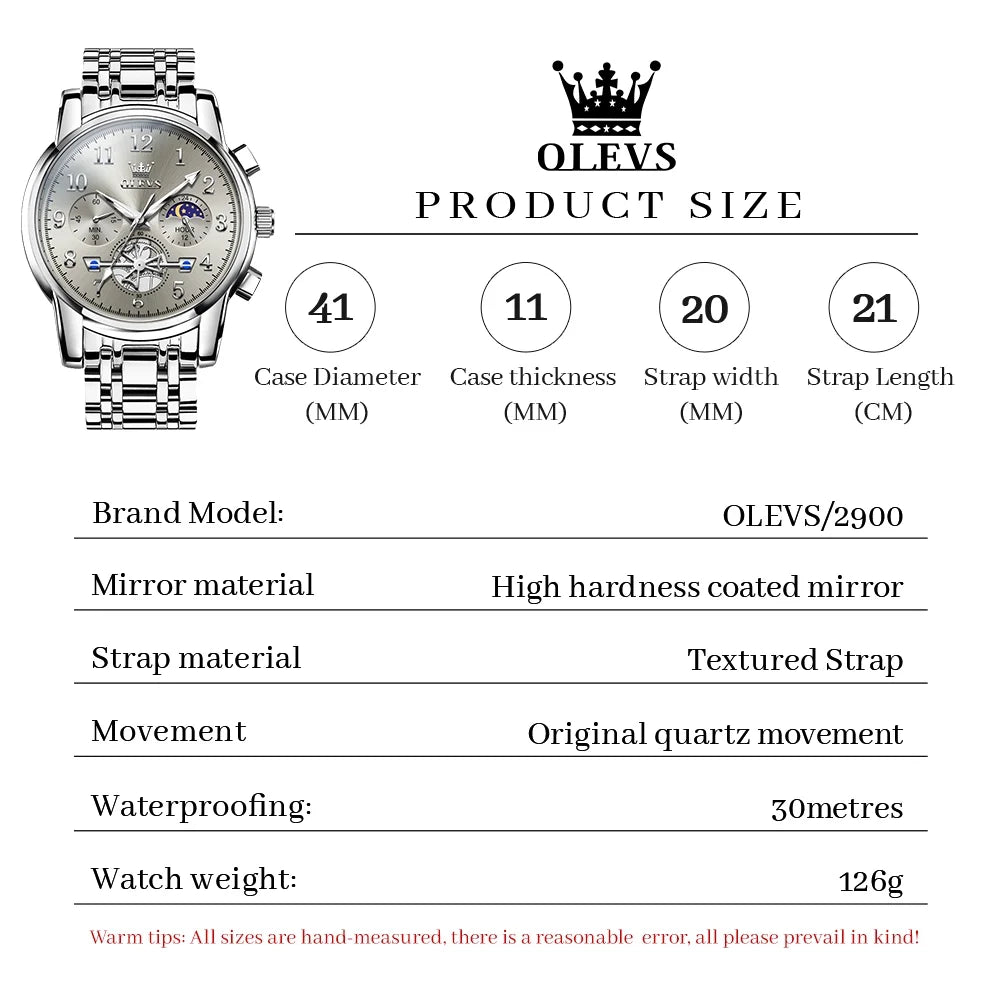 Watches for Men Chronograph Multifunction Business Dress Luxury Casual Analog Moon Phase Flywheel Quartz Stainless Steel Waterproof Luminous Men Wrist Watches Reloj Para Hombre Gray Dial