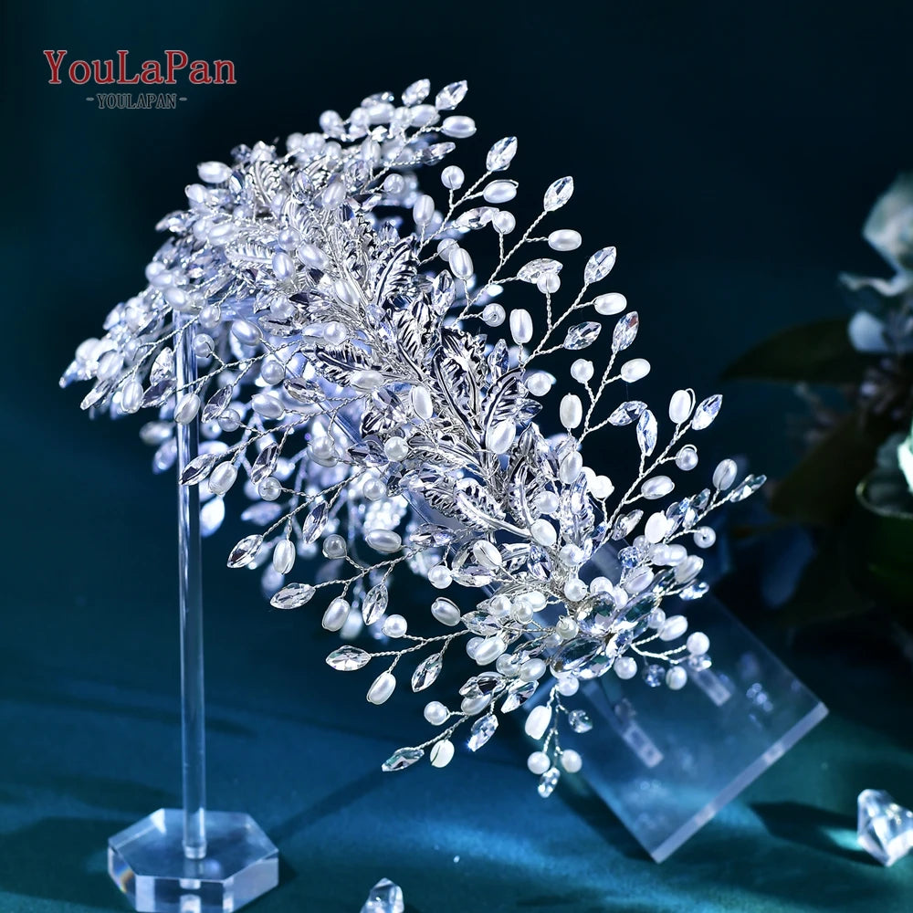 Handmade Pearl Hair Hoop Bride Elegant Alloy Leaf Hairbands Bridal Rhinestone Hair Tiara Wedding Hair Accessories HP322
