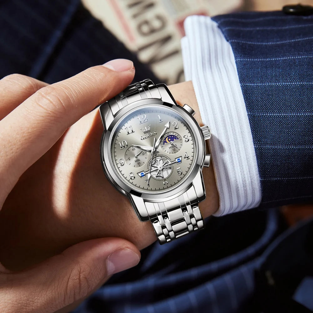 Watches for Men Chronograph Multifunction Business Dress Luxury Casual Analog Moon Phase Flywheel Quartz Stainless Steel Waterproof Luminous Men Wrist Watches Reloj Para Hombre Gray Dial