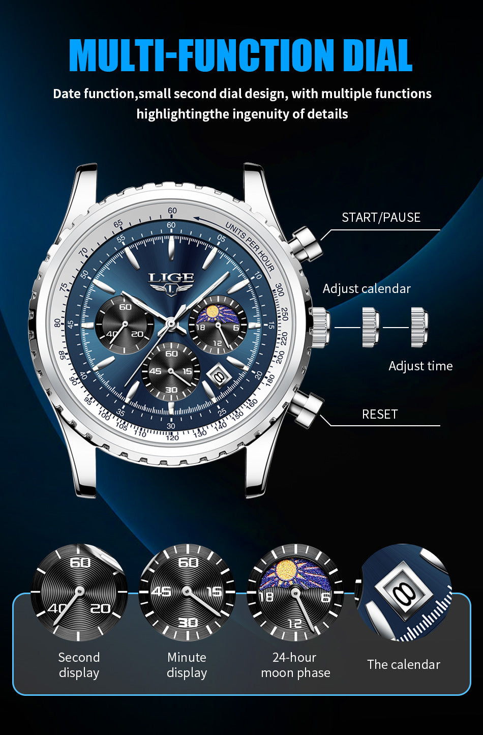 Men'S Quartz Watch Business Watch Moon Phase Multifunctional