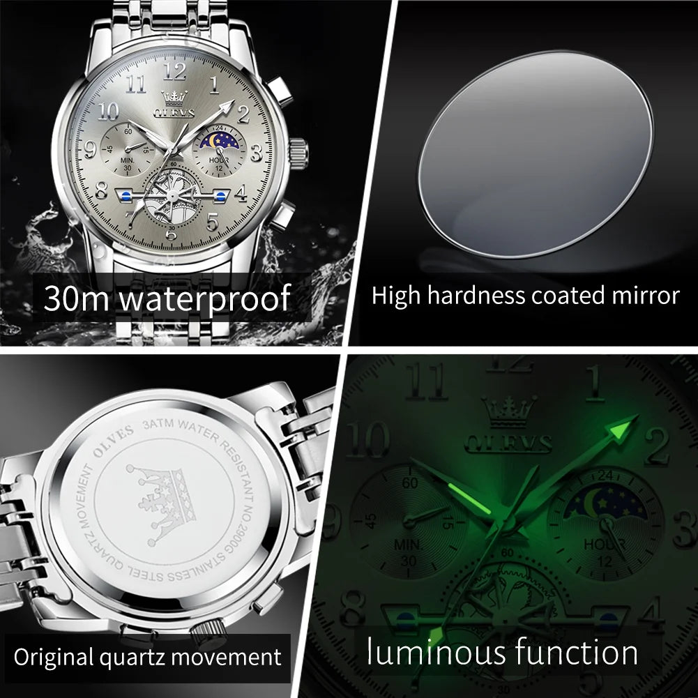Watches for Men Chronograph Multifunction Business Dress Luxury Casual Analog Moon Phase Flywheel Quartz Stainless Steel Waterproof Luminous Men Wrist Watches Reloj Para Hombre Gray Dial