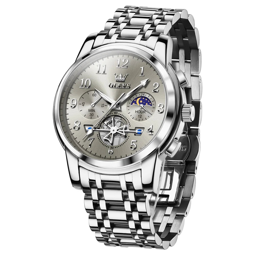 Watches for Men Chronograph Multifunction Business Dress Luxury Casual Analog Moon Phase Flywheel Quartz Stainless Steel Waterproof Luminous Men Wrist Watches Reloj Para Hombre Gray Dial